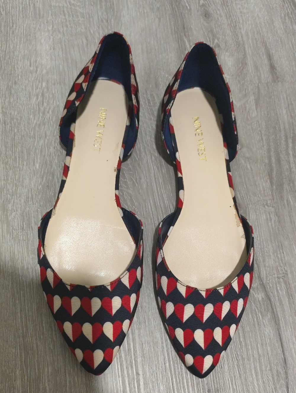 Nine West Navy Red Cream Heart-Print Pointed D'Orsay Flats